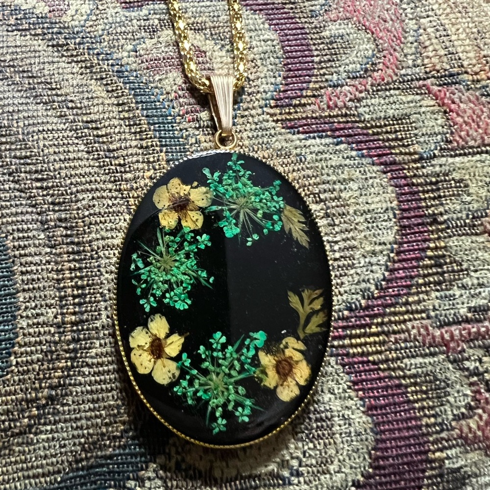 Handmade Pendant of Real Pressed Flowers on Goldtone Chain. From Gatlinburg, TN